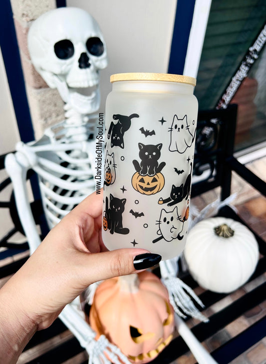Spooky Cats And Ghost ? 16oz. Frosted Glass Cup