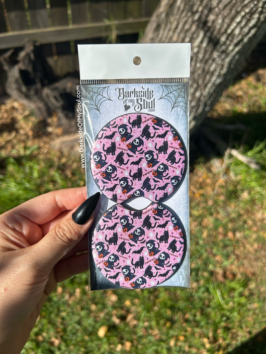 Pink Grim Reaper Car Coasters