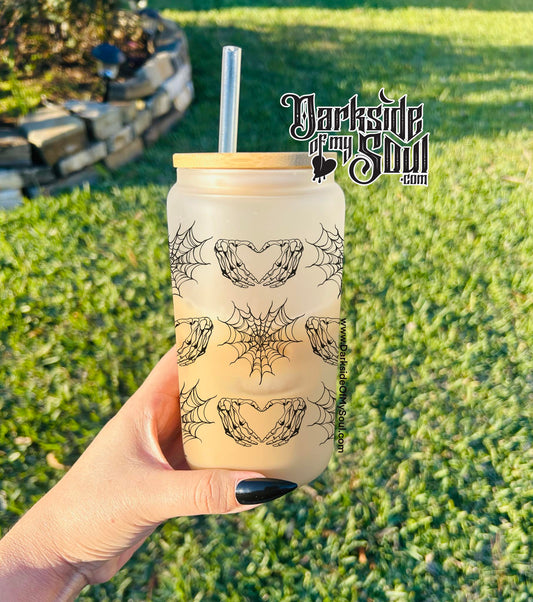 Skeleton Spider Web Heart | 16oz. Frosted Glass Cup