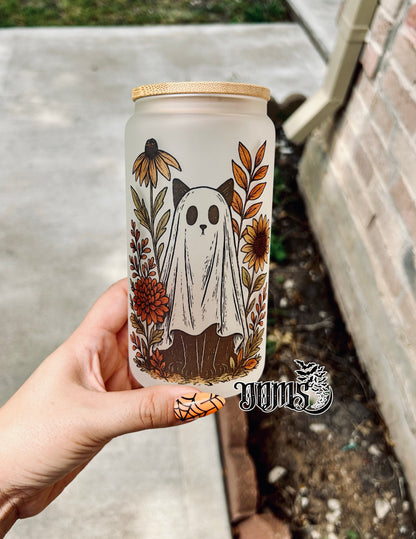 Floral Ghost Cat | 16oz. Frosted Glass Cup