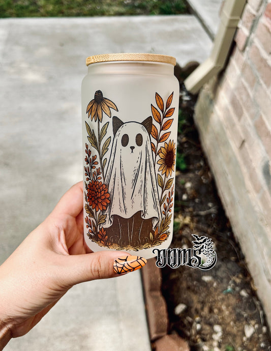 Floral Ghost Cat | 16oz. Frosted Glass Cup