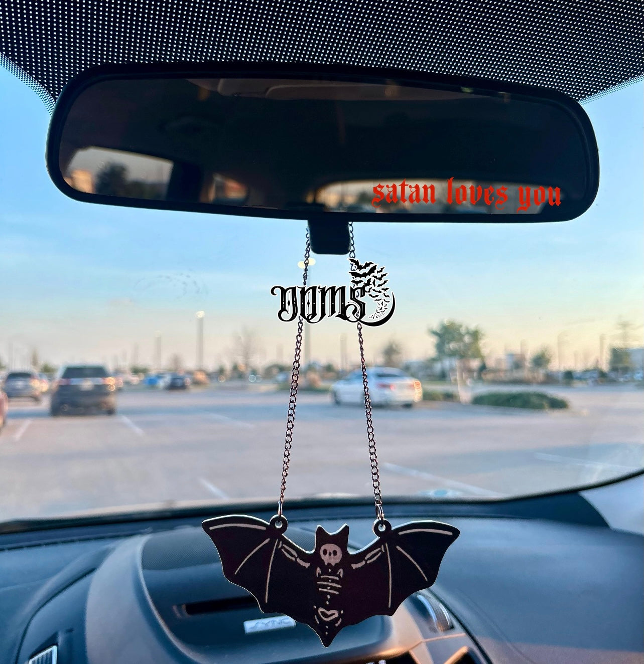 Satan Loves You Rear View Mirror Decal