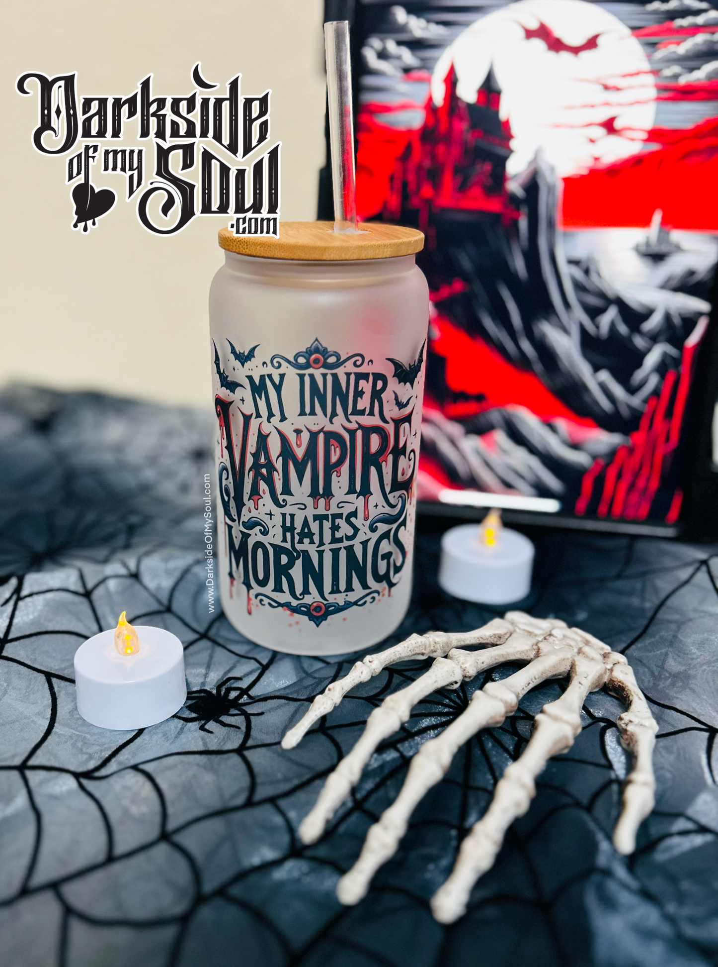 My Inner Vampire Hates Mornings | 16oz. Frosted Glass Cup