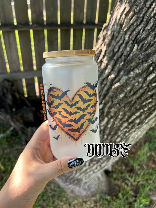 Spooky Heart Flying Bats | 16oz. Frosted Glass Cup