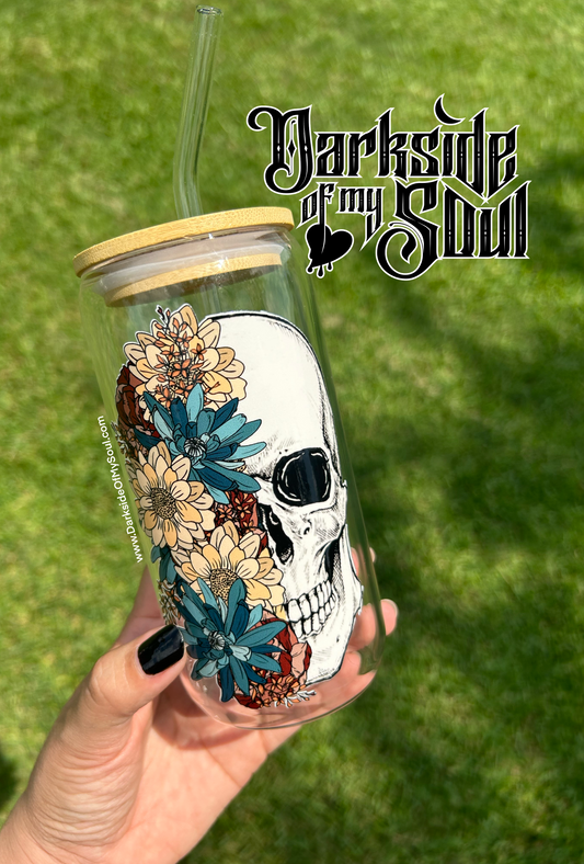 Skull With Flowers | 16oz. Glass Cup