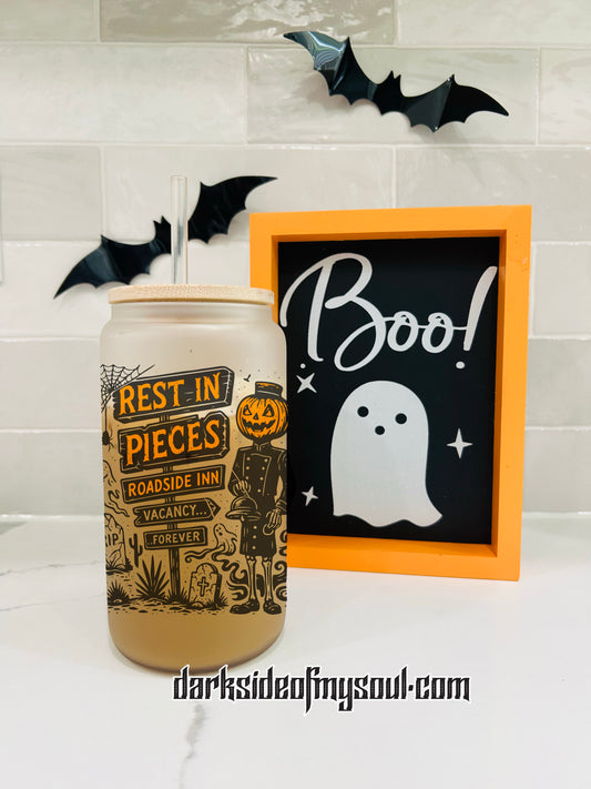 Rest In Pieces Roadside Inn | 16oz. Frosted Glass Cup